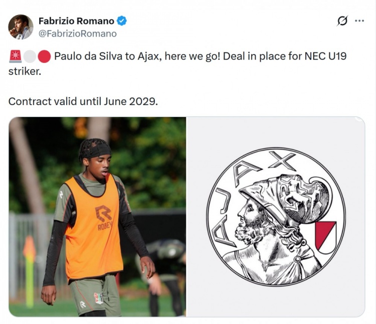博鱼体育-Here we go！罗马诺：奈梅亨18岁前锋达席尔瓦将加盟阿贾克斯